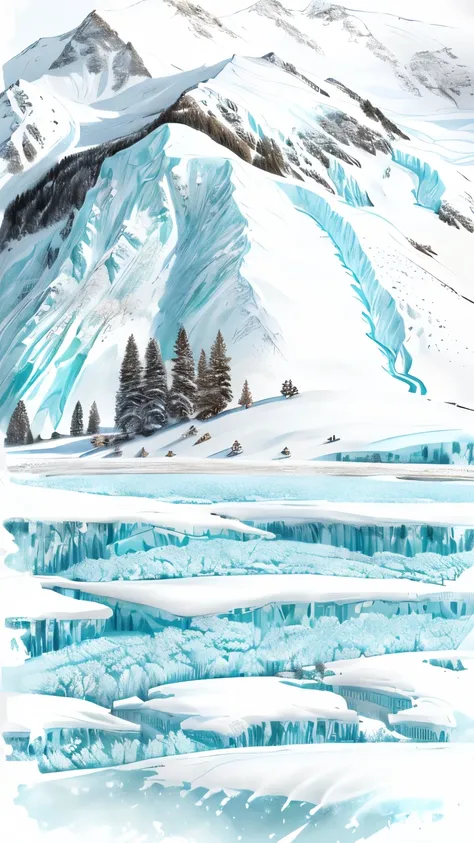 drawing of a landscape with mountains and trees in the distance, teal landscape, flowing hills, icy landscape, landscape illustration, cypresses and hills, ice mountains in the background, ice mountains afar, snow landscape, snowy landscape, hills and moun...