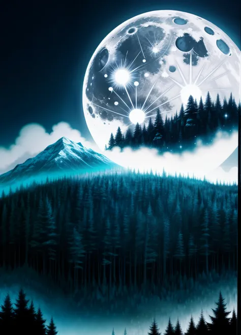 enchanted forest, the full moon rises from behind the hills, moon  night sky