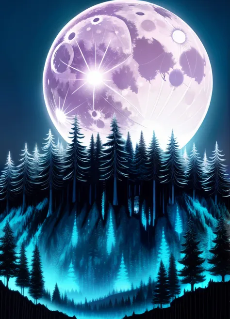 enchanted forest, the full moon rises from behind the hills, moon  night sky