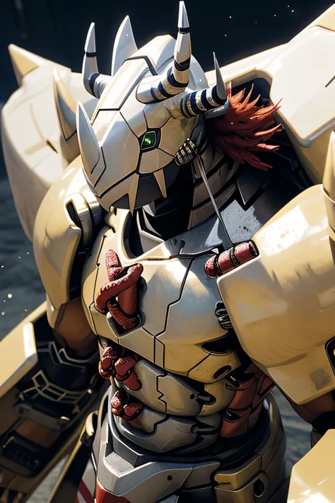 Masterpieces,anthro,male,(wargreymon:1.2),,Delicate eyes,helmet, armor, horn, digimon, upper body, depth of field, perfect lighting, light particles,(best quality),(masterpiece),(ultra detailed),sharp focus,light particles , realista, textura detalhada, me...