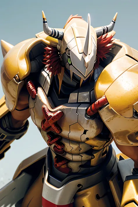 Masterpieces,anthro,male,(wargreymon:1.2),,Delicate eyes,helmet, armor, horn, digimon, upper body, depth of field, perfect lighting, light particles,(best quality),(masterpiece),(ultra detailed),sharp focus,light particles , realista, textura detalhada, me...