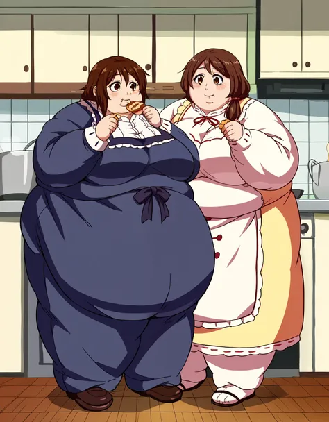 score_8_up, source_anime, anime screencap, 2mature_female, fat, chubby, obese, brown hair, brown eyes, low ponytail, smile, 2girl, Lolita, kitchen, eating 