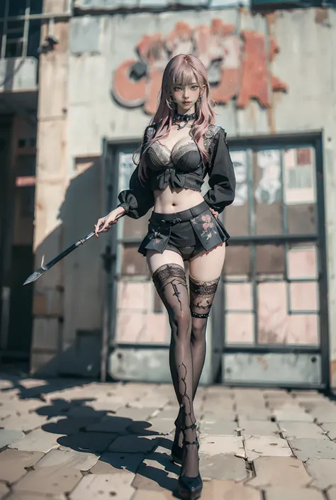 ((Pink Hair)), Height: 170cm, Weight 40kg , adult woman, (nsfw:0.9), ( full body shot with chain scythe), (Large Breasts), (( abs are very prominent )), Big Eyes, Long legs, Healthy Body, Naked torso, (The size is too small miniskirt:1.5), ( showing legs a...