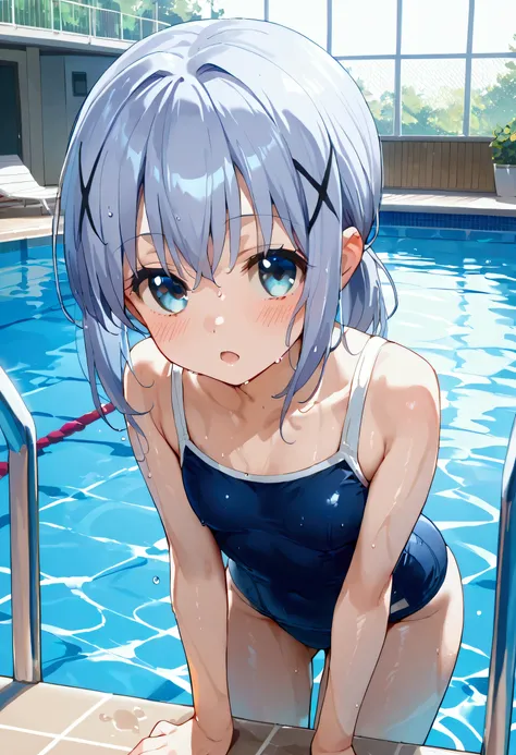 score_9, score_8_up, score_7_up, source_anime,chino kafuu,x hair ornament,school swimsuit, pool,blush,cowboy shot,wet,bent over,...