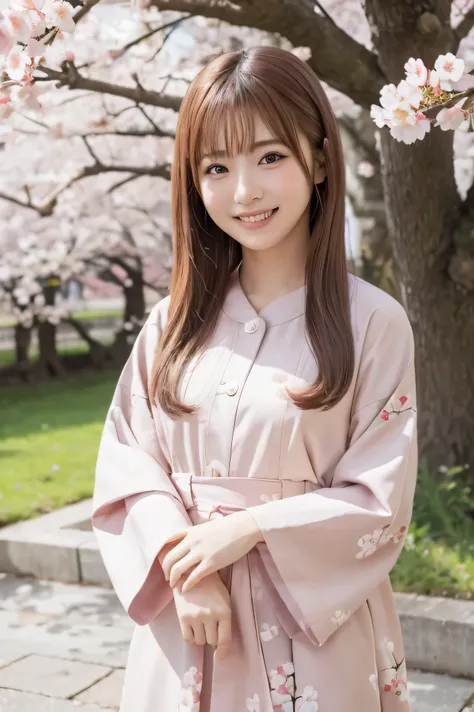 standing, closeup, smile, cherry blossom