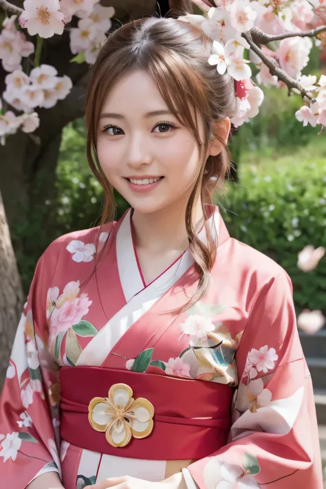 standing, closeup, smile, cherry blossom, kimono