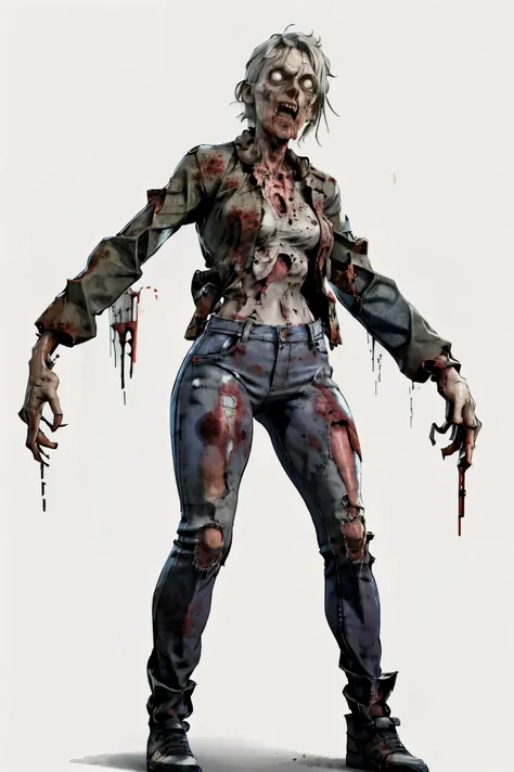 a woman with a bloody face and jeans is standing in front of a white background, zombie in horror concept art, 7 days to die zombie, full body female, full body pictures, female full body, scary pose, zombie arms out in front, beautiful zombie, zombie, creepy pose, full body picture, undead. highly detailed, women full body