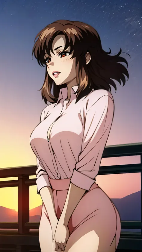(super high quality, super high resolution ,16k,super masterpiece,Ultra HD ,Detailed shading and background,)Shooting from below,One sexy mature woman,(Long-sleeved pink shirt unbuttoned and unfolded,Red pencil skirt,)smile,Thick lips,blush,Sky background ...