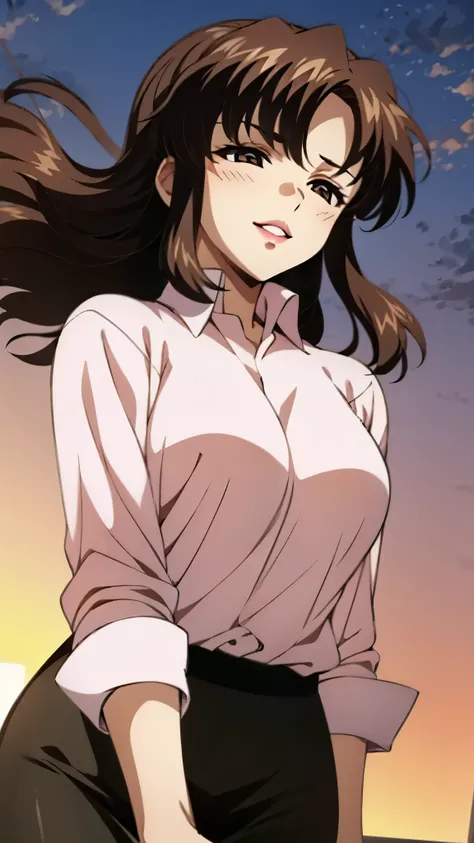 (super high quality, super high resolution ,16k,super masterpiece,Ultra HD ,Detailed shading and background,)Shooting from below,One sexy mature woman,(Long-sleeved pink shirt unbuttoned and unfolded,Red pencil skirt,)smile,Thick lips,blush,Sky background ...
