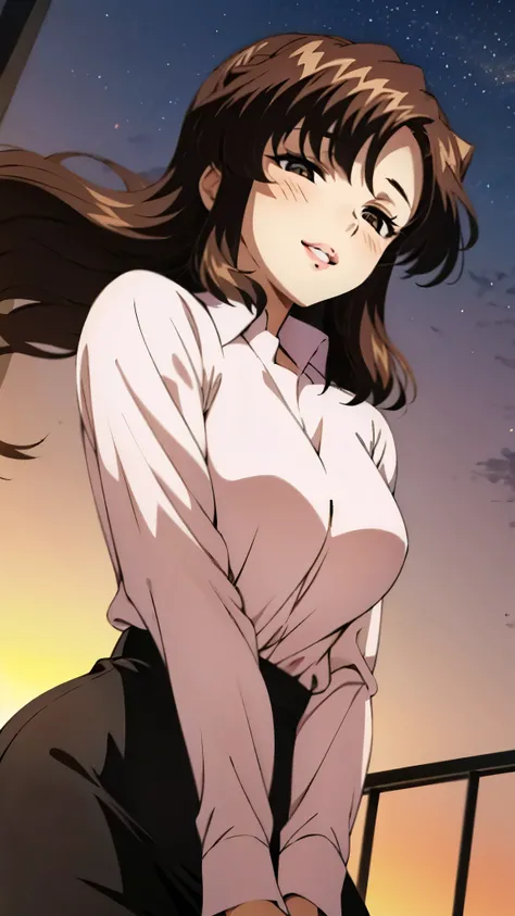 (super high quality, super high resolution ,16k,super masterpiece,Ultra HD ,Detailed shading and background,)Shooting from below,One sexy mature woman,(Long-sleeved pink shirt unbuttoned and unfolded,Red pencil skirt,)smile,Thick lips,blush,Sky background ...