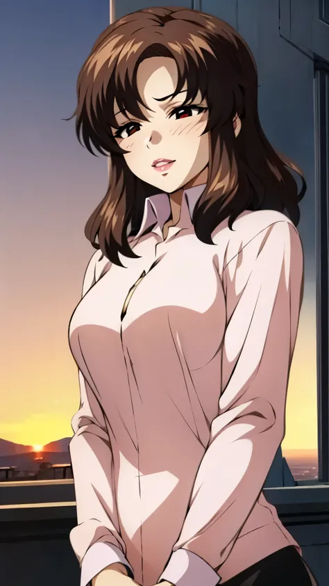 (super high quality, super high resolution ,16k,super masterpiece,Ultra HD ,Detailed shading and background,)Shooting from below,One sexy mature woman,(Long-sleeved pink shirt unbuttoned and unfolded,Red pencil skirt,)smile,Thick lips,blush,Sky background ...