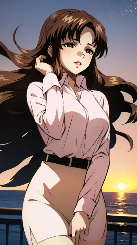(super high quality, super high resolution ,16k,super masterpiece,Ultra HD ,Detailed shading and background,)Shooting from below,One sexy mature woman,(Long-sleeved pink shirt unbuttoned and unfolded,Red pencil skirt,)smile,Thick lips,blush,Sky background ...