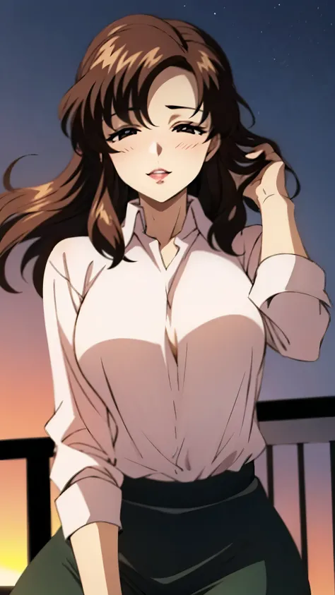 (super high quality, super high resolution ,16k,super masterpiece,Ultra HD ,Detailed shading and background,)Shooting from below,One sexy mature woman,(Long-sleeved pink shirt unbuttoned and unfolded,Red pencil skirt,)smile,Thick lips,blush,Sky background ...
