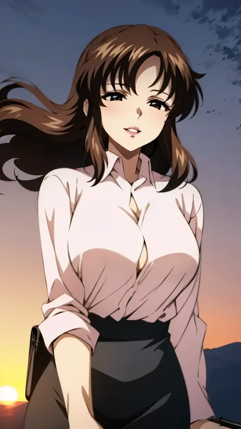 (super high quality, super high resolution ,16k,super masterpiece,Ultra HD ,Detailed shading and background,)Shooting from below,One sexy mature woman,(Long-sleeved pink shirt unbuttoned and unfolded,Red pencil skirt,)smile,Thick lips,blush,Sky background ...