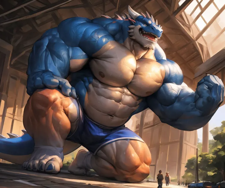 human nature , Cannon , Male, Lonely, (blue and orange), (( the strong , handsome)), (dragon), Chibo,Sixpack abs ,(indoor),The soles of the feet point at the audience,white socks, blue shorts ,sweat:1.3, high quality, (4K, high quality, High resolution ,...
