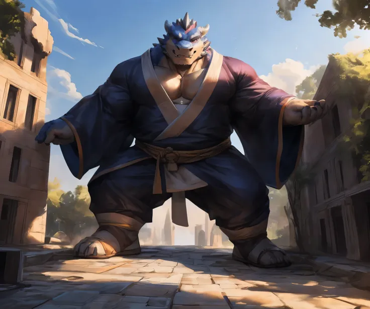 human nature , Cannon , Male, Lonely, (blue and orange), (( the strong , handsome)), (dragon),(( Traditional assassin robe)), standing,((Traditional assassin style )), hand in hand cross , high quality, (4K, high quality, High resolution , masterpiece), ...