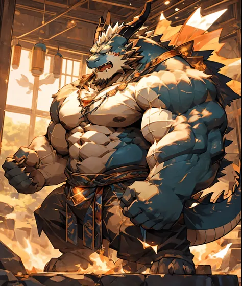 一个白dragon兽人，  durable construction ， muscular，like a born strong man。his skin looks healthy and fair out.，muscles and fat interw...