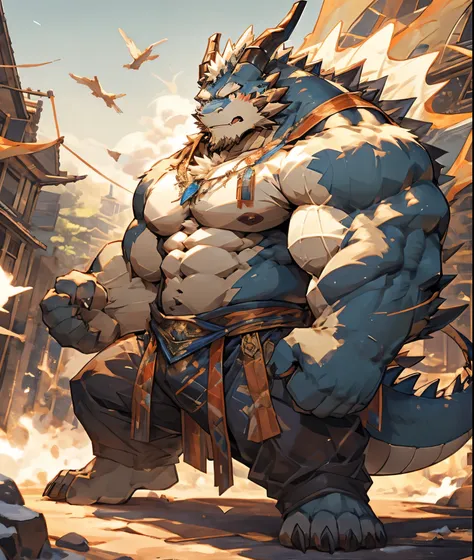 一个白dragon兽人，  durable construction ， muscular，like a born strong man。his skin looks healthy and fair out.，muscles and fat interw...