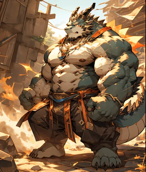 一个白dragon兽人，  durable construction ， muscular，like a born strong man。his skin looks healthy and fair out.，muscles and fat interw...