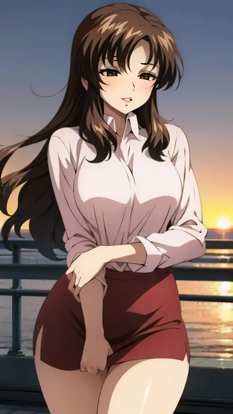 (super high quality, super high resolution ,16k,super masterpiece,Ultra HD ,Detailed shading and background,)Shooting from below,One sexy mature woman,(Long-sleeved pink shirt unbuttoned and unfolded,Red pencil skirt,)smile,Thick lips,blush,Sky background ...