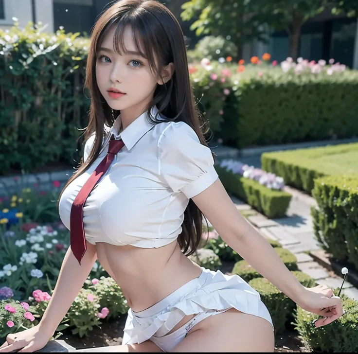 8K quality, Masterpiece,  bright lighting without shadows is mysterious backlighting, A beautiful woman with a small waist and huge breasts, ( clothes are tight due to super huge breasts :1.2), Whitening skin, Side with bangs, partial fine, half up , Big, ...