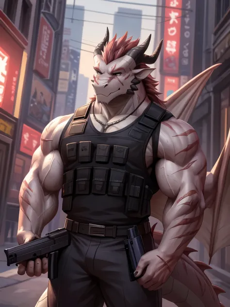 (dragon), two colors, scars on the face,  wears sunglasses ,necklace hanging around neck,(Muscle发达的身体:1.3), scars on the face,  handsome, OK,(scars on the face), on the street,(Appearance),(city background),(scars on the face:1.2),look at the screen,(drago...