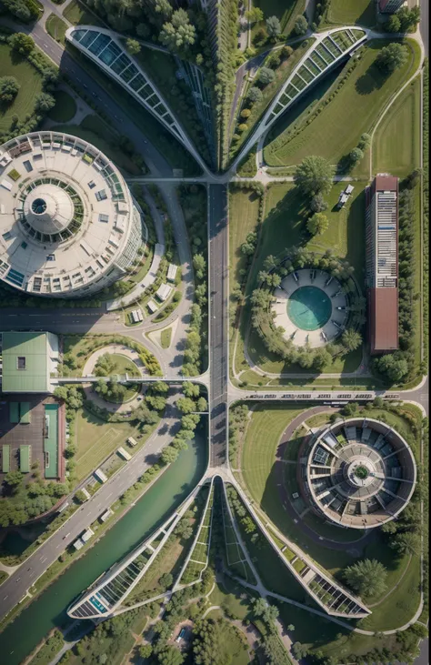 airport plan, roads, aerial, green lush, buildings , cars, pools, trees