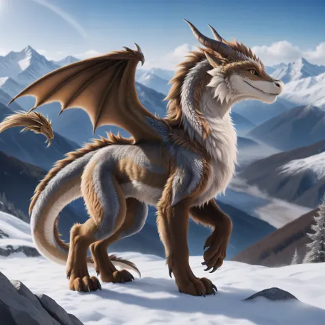 european dragon, fuzzy, fur on all areas of the body,  very detailed fur, on all 4 standing , in the high mountains, very high q...