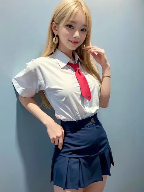 (Best Quality、8k、32K、masterpiece、Hmph:1.2)、Blue Wall、((20 years old))、Photo of cute Japanese woman、((Earrings))、唇Earrings、(((Earrings３t)))、((Blonde))、Beautiful straight hair、 sexy、 focus on the chest 、Red lipstick、thin、 slender、(Small breasts)、double eyeli...