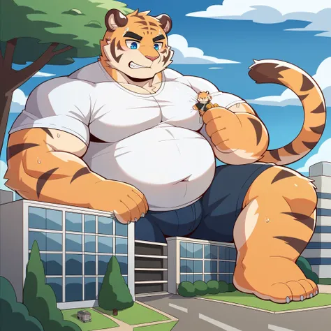 nj5furry,Tiger，Lonely， beast field ，pummelig，Fat，thick arms，strong muscles，Shorts，Plush ， chubby ，  black eyebrows  ，sky blue eyes，bart，（am strand），（white T-shirt，strandshorts），（sweat）, ( heavyweight,stark,Macro, Emphasize, steht neben Building)), backgrou...