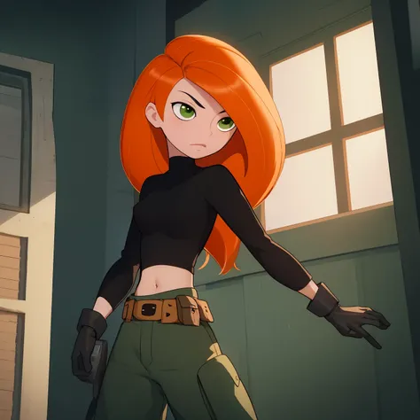 Best_QualityPos, RAW photo, intricate details, best quality, 8k uhd, soft lighting, 1girl, solo, green eyes, orange hair, long hair, black gloves, black shirt, crop top, midriff, long sleeves, belt, belt pouch, green cargo pants 