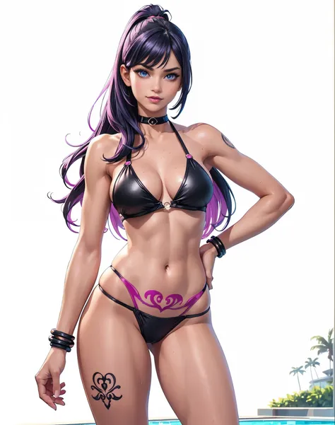 Brazilian girl. full body, full tattoo on arm, muscled girl, sexy curvy fitness, front view, black micro neon bikini beach wear, arm tattoo, Teenage girl-model 28 years old, happy provocative sexy smile, beautiful, too much tanned, black long hair, bob hai...