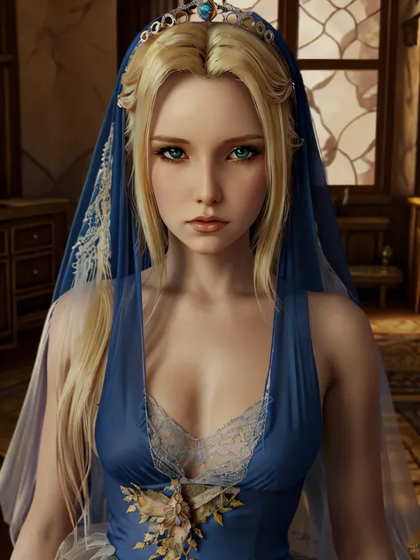 blond haired woman in blue dress with veil and veil over head, beautiful fantasy maiden, detailed fantasy art, beautiful fantasy...