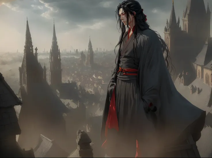 hands hidden in pockets, wei wuxian flying on a broom over a european city,wizard,pointed hat,broomstick flight,(best quality,4k...