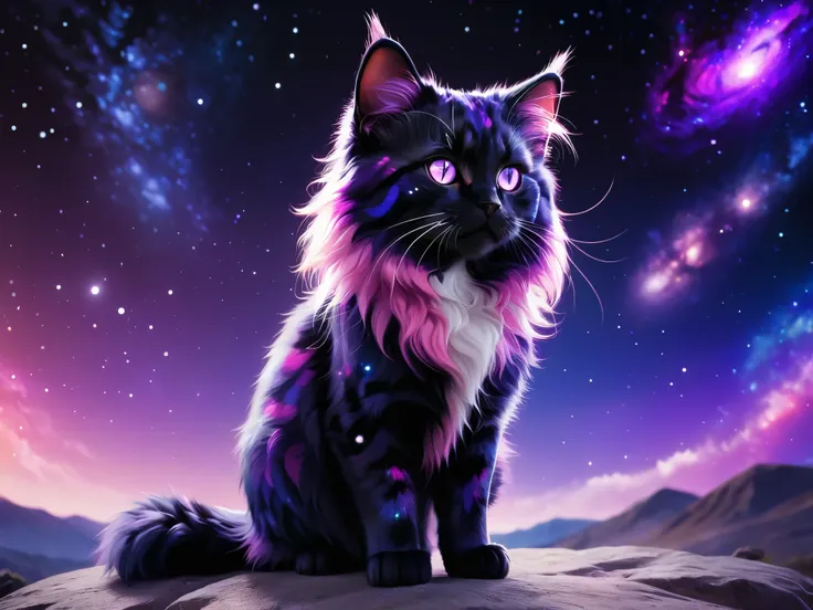 cat, feral, male,
black fur, ((galaxy patterned fur)), purple furred locks, purple eyes, pink ears, pink noise, purple chin, pur...