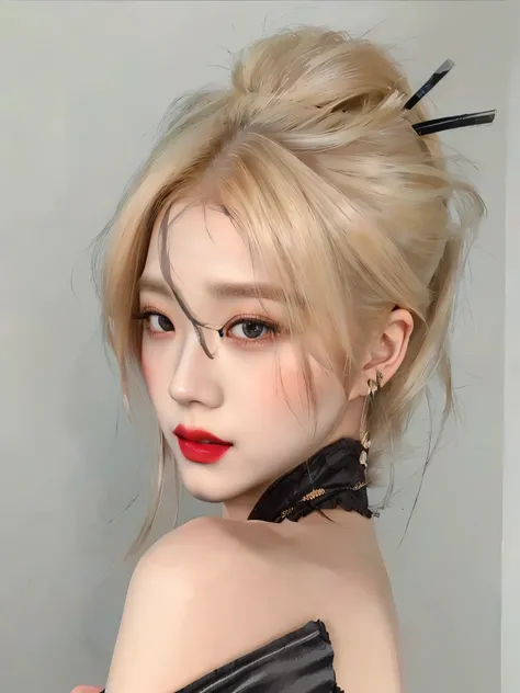 Blonde woman with blonde hair and red lipstick wearing a black corset.,  popular makeup from South Korea , ig model | germ type, Sakimichan, shikami, geisha hairstyle, popular Korean makeup, inspired by anime, Korean girl, with round face, guweiz, by Yang ...