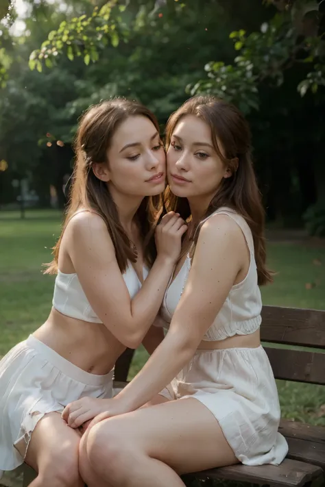 a romantic kiss between two beautiful young girls one blonde one brunette on a park bench, detailed faces, realistic, photoreali...