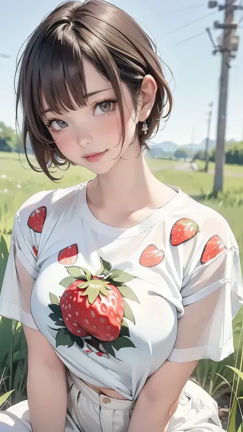 masuter piece,Photorealsitic,Best Quality, 超A high resolution, 1 rapariga, Short hair, Thick white shirt、(((White shirt with strawberry illustration printed on it))), ((shy expression)), plein air、grass field、(((the background is blurred))),Incredible colo...