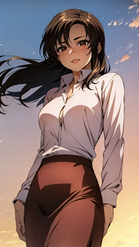 (super high quality, super high resolution ,16k,super masterpiece,Ultra HD ,Detailed shading and background,)Shooting from below,One sexy mature woman,(Long-sleeved pink shirt unbuttoned and unfolded, red pencil skirt,)smile,Thick lips,blush,Sky background...