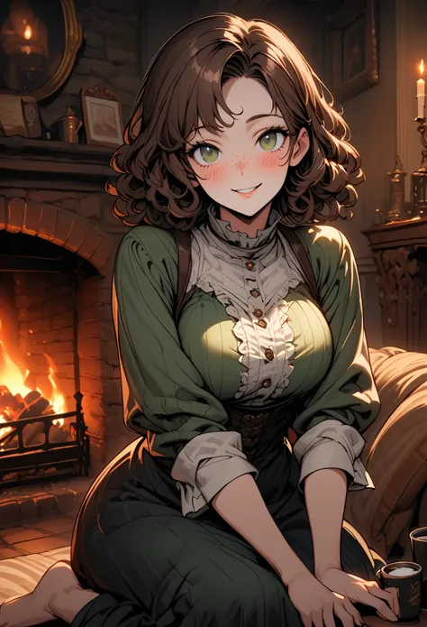 solo, close up, female, halfling, short hair, curly hair, brown hair, dark green eyes, very short, wide smile, freckles, indoors, comfy home, Victorian era, large breasts, curly hair, simple homely dress, stout, stocky, coffee, fireplace, sitting, loveseat...