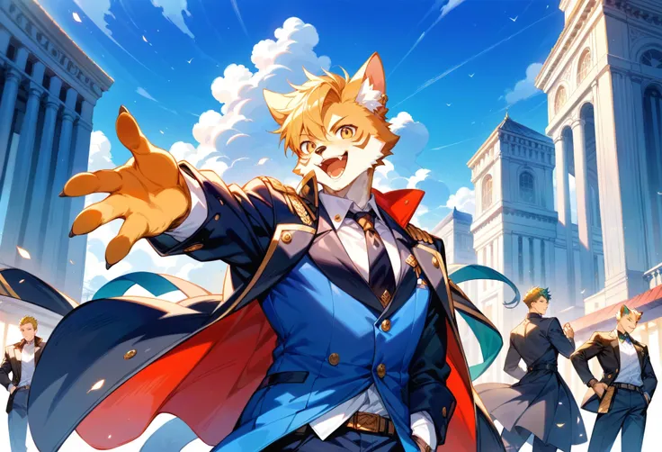 rating_safe, score_9, score_8_up, score_7_up, score_6_up, score_5_up, score_4_up, hires, cover page, absurdres, figma, Steam punk, Beautiful World Heritage, boys, Happy, joyful(Photos of solo travelers)(kemono, furry anthro)