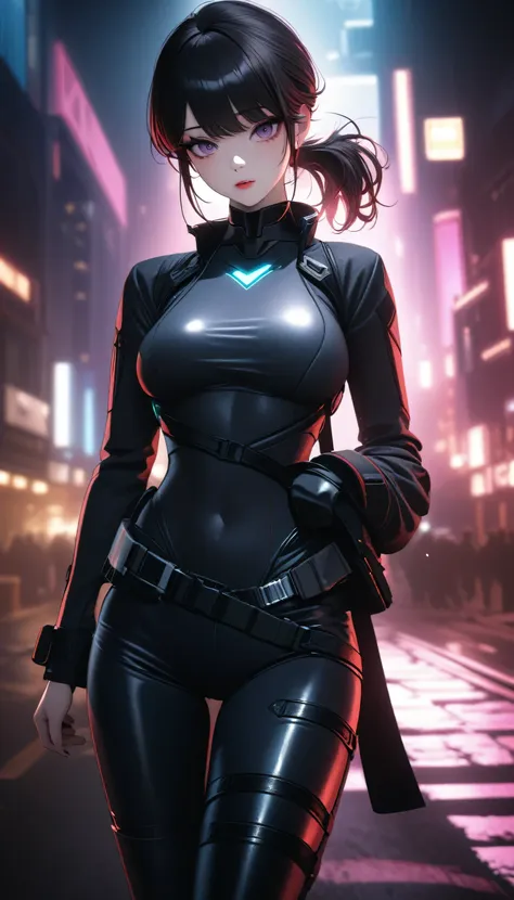 komi_shouko, conceptual installation line artwork, cool beauty, red glossy silky messy short ponytail, forehead, makeup, amorous expression, cortesy, elegance, dignity, captivating eyes, curvaceous, wearing cyberpunk combat uniform, background cyberpunk ni...