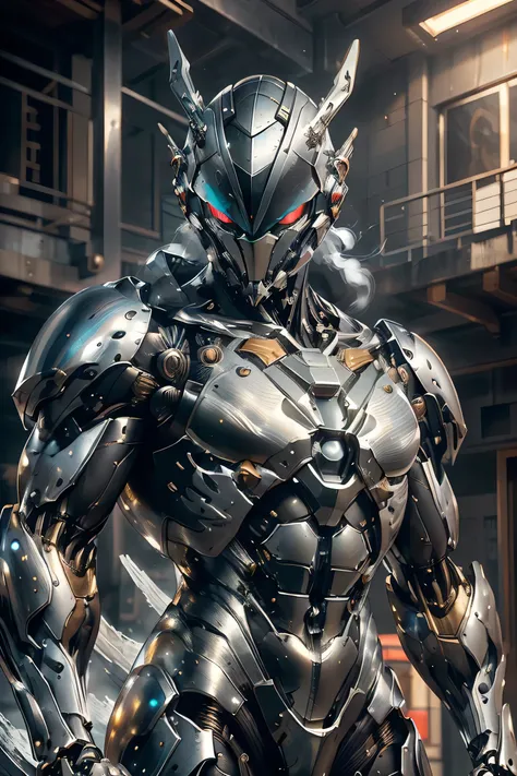 ((running towards viewer , dynamic pose)), (metallic: 1.5, silver and black suit: 1.5), (Japanese hero, whole body), (mech bodysuit with swords: 1.5), ((Swirling Cold Air : 1.5)), cyberpunk, My eyes are shining brightly, Suit parts are large , Lots of LEDs...