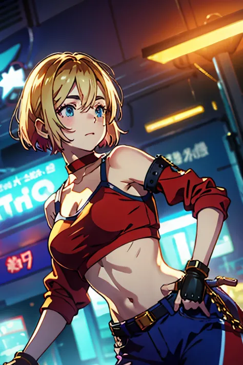 tmasterpiece,, Best quality at best, A high resolution, 1girll,Off-the-shoulder attire，， with short golden hair，Red clothes，mary，hason, Crop top, (Breast width1.4), nabel，Fighting posture，cyber punk perssonage，City streets