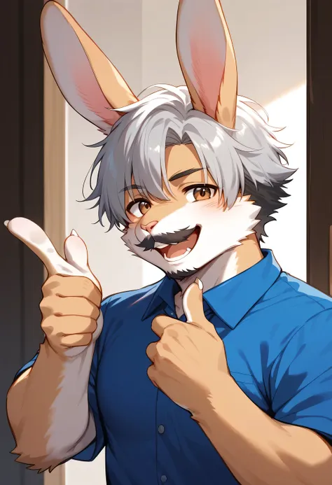 score_9, score_8_up, score_7_up, score_6_up, score_5_up, score_4_up, source_anime, best quality, amazing quality, very aesthetic, absurdres, 1boy, (furry, kemono:1.1), rabbit, male focus, solo, facial hair, grey hair, looking at viewer, smile, thumbs up, s...