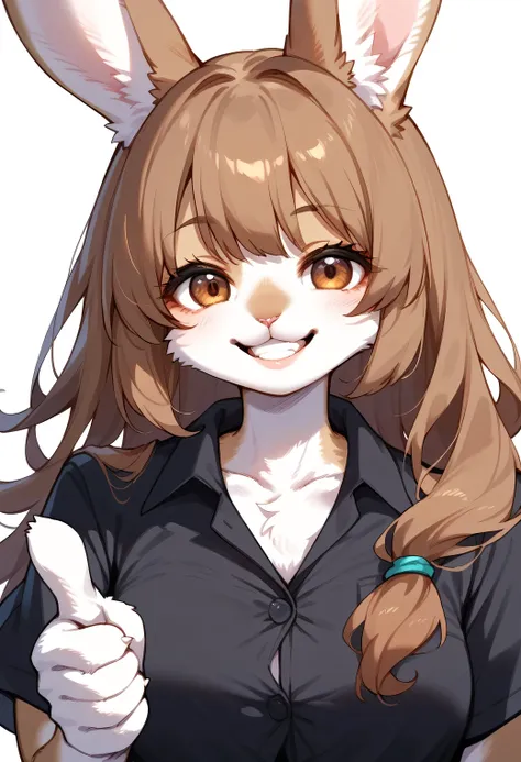 score_9, score_8_up, score_7_up, score_6_up, score_5_up, score_4_up, source_anime, best quality, amazing quality, very aesthetic, absurdres, 1girl, (furry, kemono:1.1), rabbit, rabbit girl, solo, brown hair, brown eyes, shirt, smile, looking at viewer, black shirt, upper body, (thumbs up:1.3), short sleeves, teeth, collared shirt, lips, simple background, grin, nose, long hair, collarbone, buttons, wing collar, dress shirt, A detailed oil painting of a woman with a smiling face, wearing a black shirt and giving a thumbs up gesture. The background is a cream color.