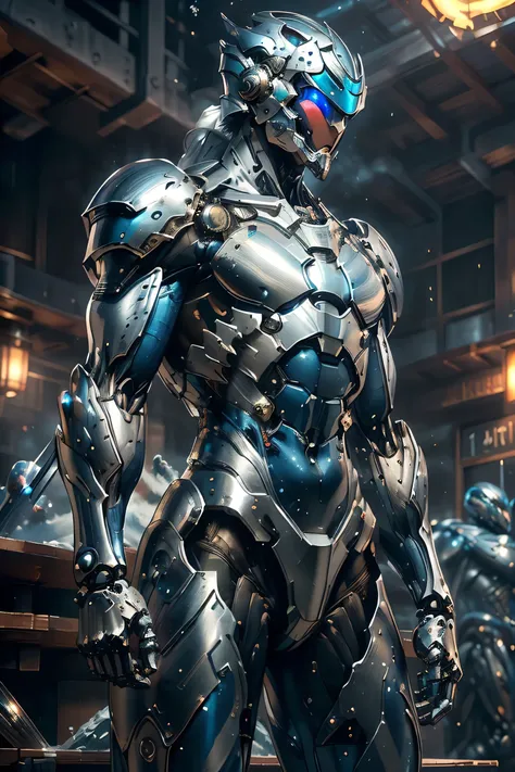 ((running towards viewer , dynamic pose)), (metallic: 1.5, silver and blue suit: 1.5), (Japanese hero, whole body), (mech bodysuit with swords: 1.5), ((Swirling Cold Air : 1.5)), cyberpunk city, My eyes are shining brightly, Suit parts are large , Lots of ...