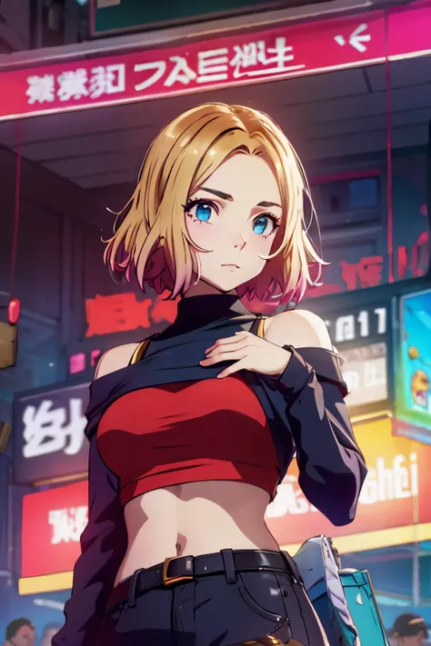 tmasterpiece,, Best quality at best, A high resolution, 1girll,Off-the-shoulder attire，， with short golden hair，Red clothes，mary，hason, Crop top, (Breast width1.4), nabel，Fighting posture，cyber punk perssonage，City streets