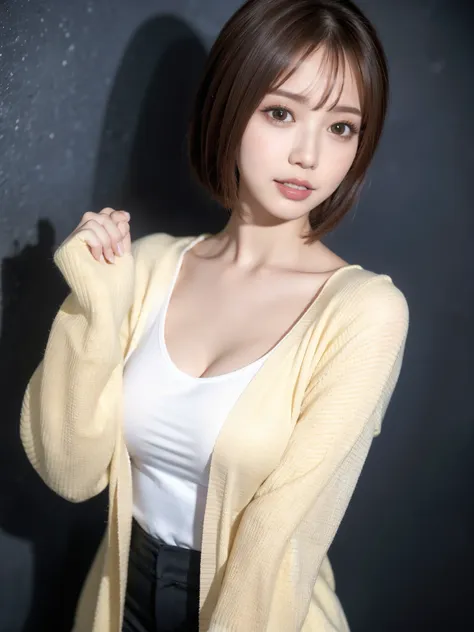 (8k, RAW photo, Best Quality, masterpiece, Realistic, Realistic), (1 female), (Ultimate beauty),  Highly Detailed Face , (Perfect Teeth),  beautiful eyes, eyelash, Lip details, Bob Hair, short hair,   light shines on the face, ((Big Breasts)), (( cardigan)...