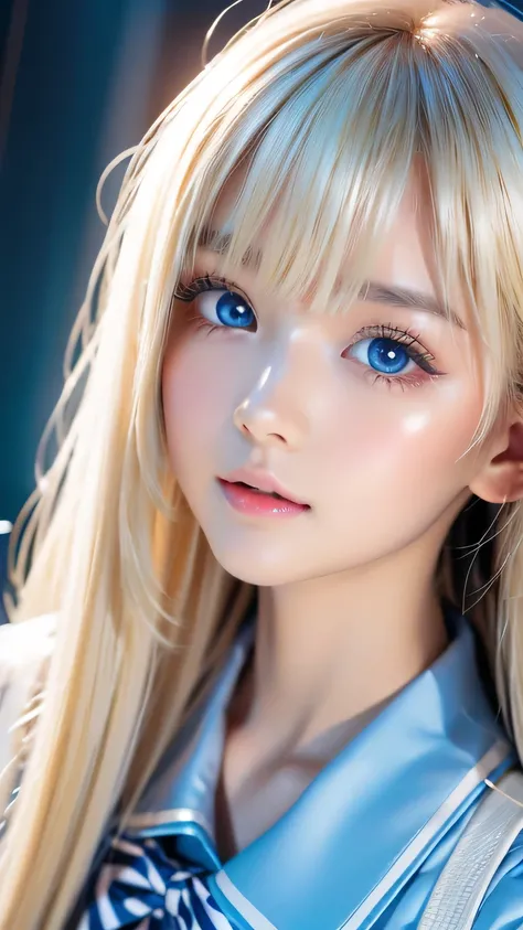 first time々Shiny very beautiful young face 、 very beautiful face 、A beautiful blonde with a very white complexion、 super long silky shiny metallic butter platinum blonde hair、 disheveled bangs, sexy cute girl 、Bangs above the eyes、 hair above one eye、 hair...